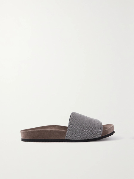  Brunello Cucinelli Brunello Cucinelli - Bead-embellished Suede Slides - Gray 