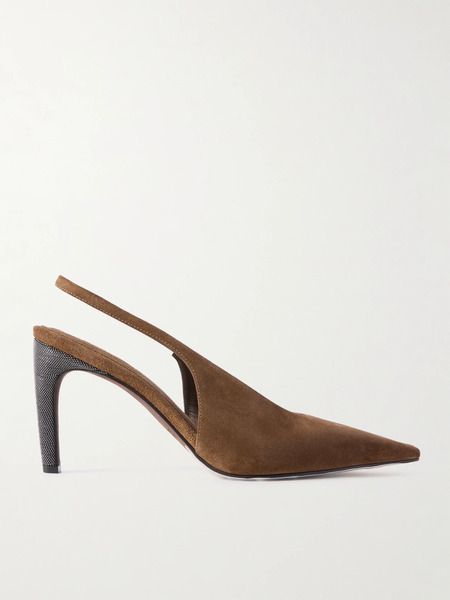  Brunello Cucinelli Brunello Cucinelli - Bead-embellished Suede Slingback Pumps - Brown 