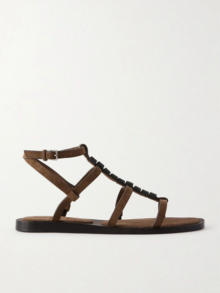  Brunello Cucinelli Brunello Cucinelli - Bead-embellished Suede Slingback Sandals - Brown 