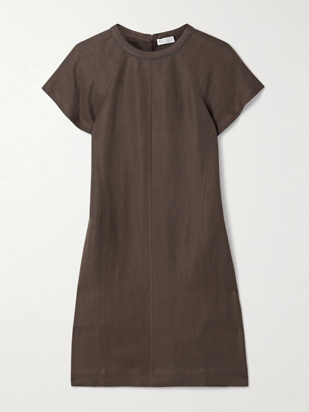  Brunello Cucinelli Brunello Cucinelli - Bead-embellished Twill Mini Dress - Dark Brown 