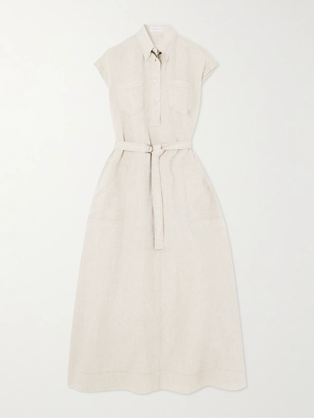  Brunello Cucinelli Brunello Cucinelli - Belted Bead-embellished Linen Midi Dress - Beige 