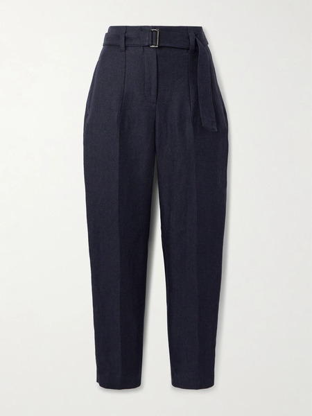  Brunello Cucinelli Brunello Cucinelli - Belted Cropped Belted Linen-twill Tapered Pants - Navy 