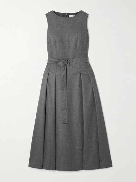  Brunello Cucinelli Brunello Cucinelli - Belted Pleated Wool Midi Dress - Gray 