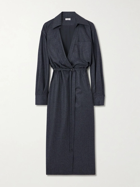  Brunello Cucinelli Brunello Cucinelli - Belted Wrap-effect Silk Midi Dress - Gray 