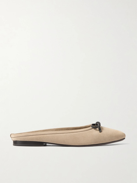  Brunello Cucinelli Brunello Cucinelli - Bow-embellished Suede Slippers - Beige 