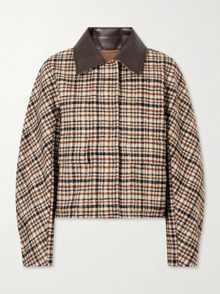  Brunello Cucinelli Brunello Cucinelli - Checked Leather-trimmed Wool-blend Jacket - Brown 