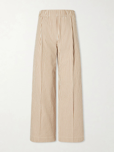  Brunello Cucinelli Brunello Cucinelli - Cropped Pleated Striped Cotton-blend Wide-leg Pants - Beige 