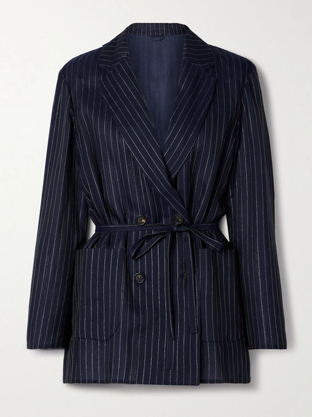  Brunello Cucinelli Brunello Cucinelli - Double-breasted Belted Metallic Pinstriped Cotton-blend Blazer - Navy 