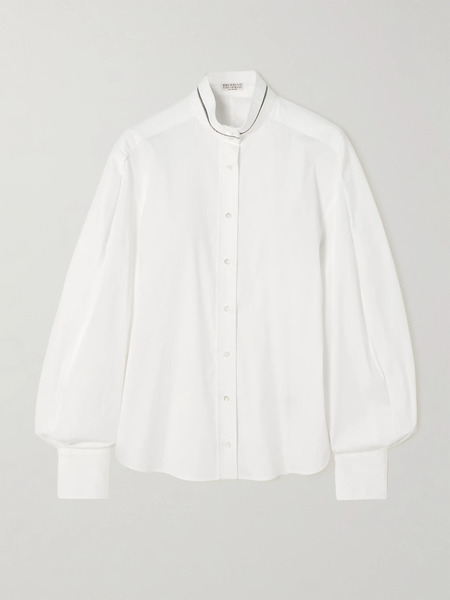  Brunello Cucinelli Brunello Cucinelli - Embellished Cotton-blend Poplin Shirt - White 