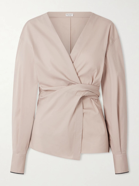  Brunello Cucinelli Brunello Cucinelli - Embellished Cotton-blend Poplin Wrap Blouse - Beige 