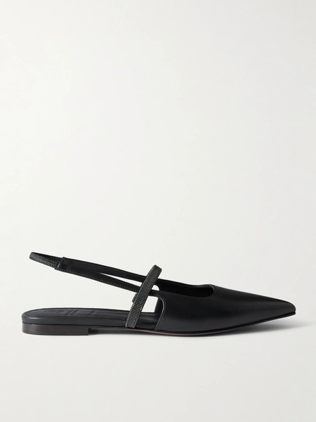  Brunello Cucinelli Brunello Cucinelli - Embellished Cutout Leather Slingback Ballet Flats - Black 