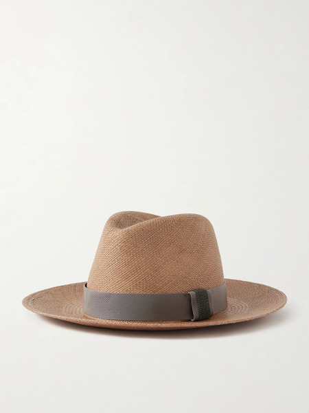  Brunello Cucinelli Brunello Cucinelli - Embellished Grosgrain-trimmed Straw Hat - Brown 