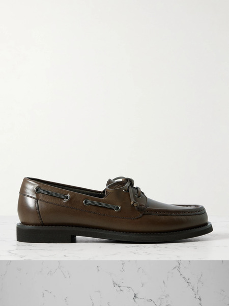  Brunello Cucinelli Brunello Cucinelli - Embellished Leather Boat Shoes - Dark Brown 