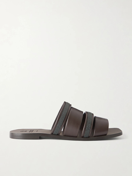  Brunello Cucinelli Brunello Cucinelli - Embellished Leather Sandals - Dark Brown 