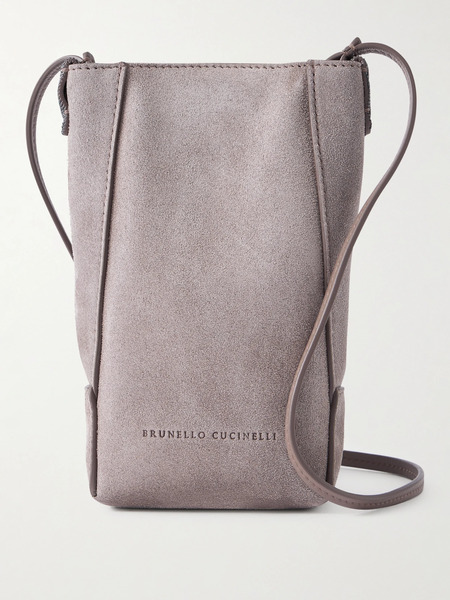  Brunello Cucinelli Brunello Cucinelli - Embellished Leather-trimmed Suede Pouch - Brown 