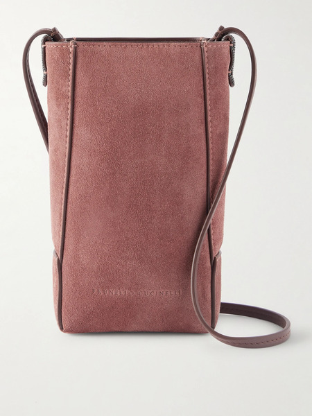  Brunello Cucinelli Brunello Cucinelli - Embellished Leather-trimmed Suede Pouch - Burgundy 