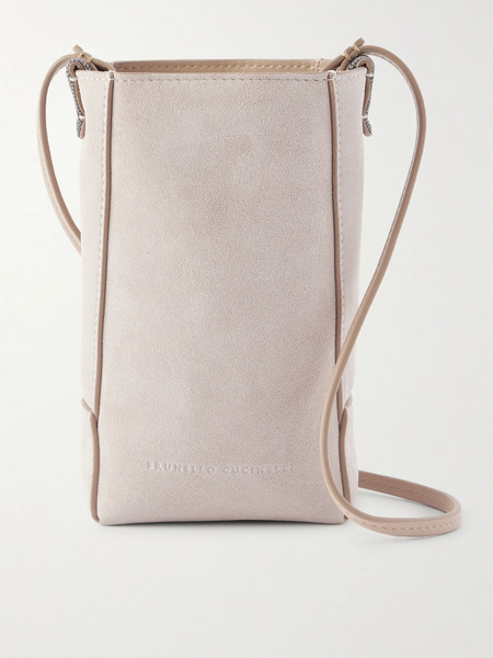  Brunello Cucinelli Brunello Cucinelli - Embellished Leather-trimmed Suede Pouch - Light Gray 