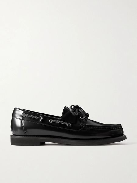 Brunello Cucinelli Brunello Cucinelli - Embellished Polished-leather Boat Shoes - Black 