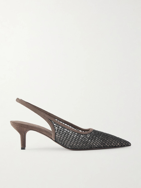  Brunello Cucinelli Brunello Cucinelli - 55 Embellished Suede-trimmed Mesh Slingback Pumps - Dark Brown 