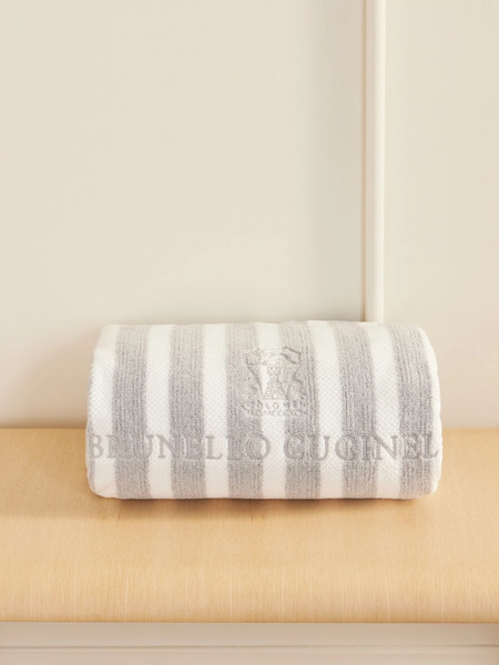  Brunello Cucinelli Brunello Cucinelli - Embroidered Striped Cotton-terry Beach Towel - Gray 