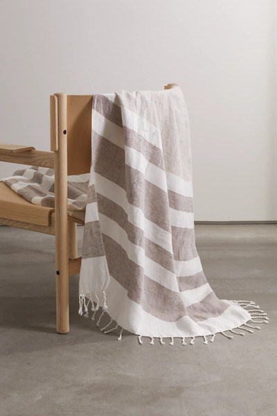  Brunello Cucinelli Brunello Cucinelli - Fringed Striped Linen-blend Blanket - Light Brown 