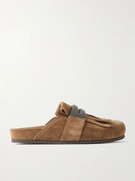  Brunello Cucinelli Brunello Cucinelli - Fussbett Bead-embellished Fringed Suede Slippers - Brown 