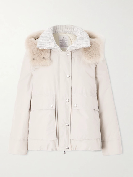  Brunello Cucinelli Brunello Cucinelli - Hooded Ribbed-knit And Shearling-trimmed Bead-embellished Padded Shell Down Jacket - Light Gray 