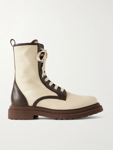  Brunello Cucinelli Brunello Cucinelli - Lace-up Leather-trimmed Raffia Boots - Neutral 