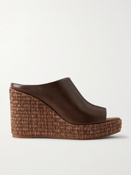  Brunello Cucinelli Brunello Cucinelli - Leather Platform Wedge Espadrille Sandals - Chocolate 