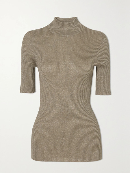  Brunello Cucinelli Brunello Cucinelli - Metallic Ribbed Cashmere-blend Top - Camel 