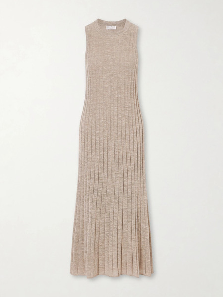  Brunello Cucinelli Brunello Cucinelli - Metallic Ribbed-knit Midi Dress - Beige 