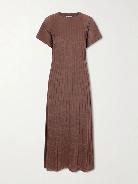  Brunello Cucinelli Brunello Cucinelli - Metallic Ribbed-knit Midi Dress - Brown 