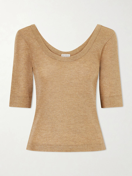  Brunello Cucinelli Brunello Cucinelli - Metallic Wool-blend Knitted T-shirt - Camel 