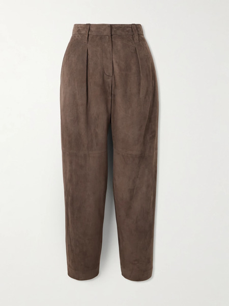  Brunello Cucinelli Brunello Cucinelli - Pleated Suede Tapered Pants - Brown 