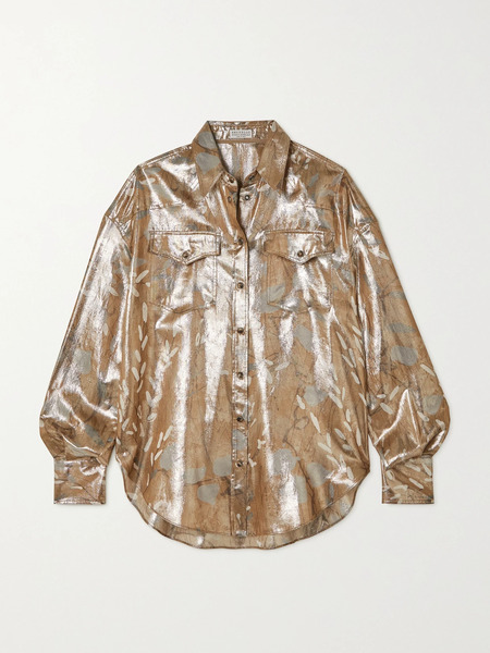  Brunello Cucinelli Brunello Cucinelli - Printed Metallic Silk-blend Shirt - Small 