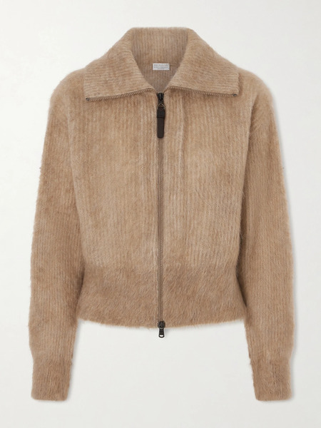  Brunello Cucinelli Brunello Cucinelli - Ribbed Brushed-knit Zip-up Cardigan - Brown 