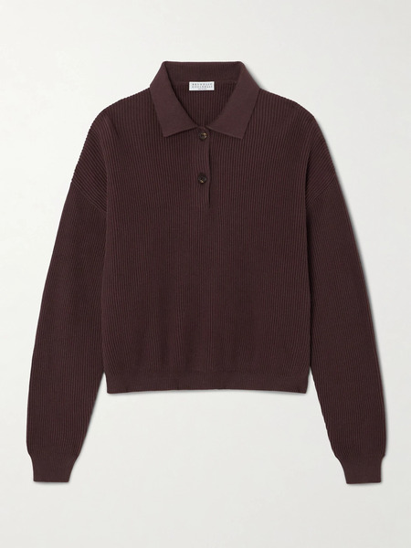  Brunello Cucinelli Brunello Cucinelli - Ribbed Cotton Polo Sweater - Brown 
