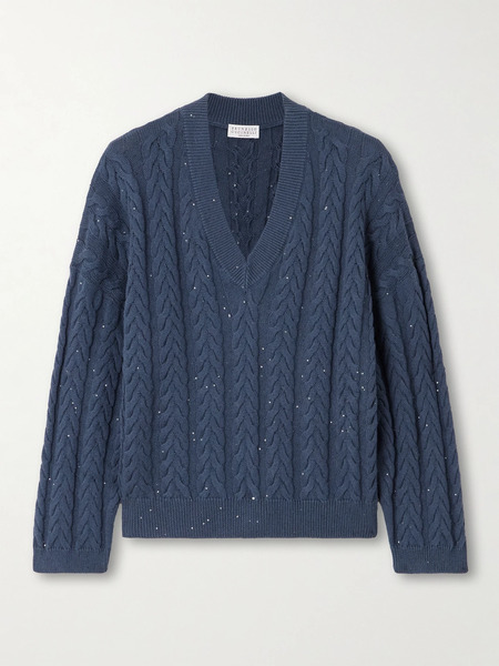  Brunello Cucinelli Brunello Cucinelli - Sequin-embellished Cable-knit Cotton-blend Sweater - Navy 