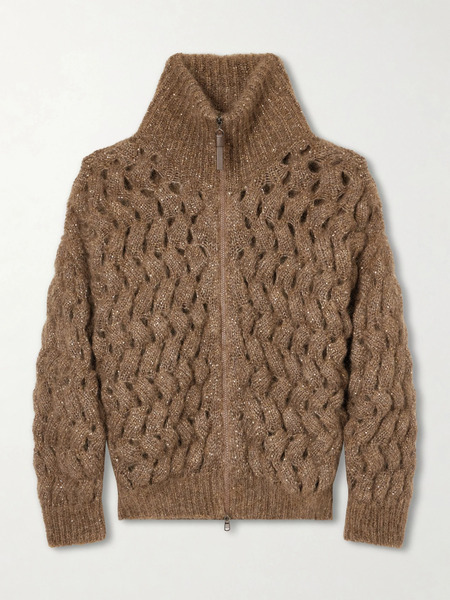  Brunello Cucinelli Brunello Cucinelli - Sequin-embellished Mohair-blend Zip-up Cardigan - Brown 