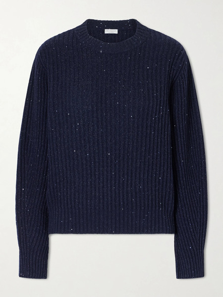  Brunello Cucinelli Brunello Cucinelli - Sequin-trimmed Ribbed-knit Sweater - Navy 