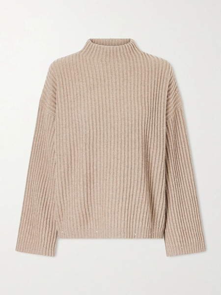  Brunello Cucinelli Brunello Cucinelli - Sequin-trimmed Ribbed-knit Turtleneck Sweater - Beige 