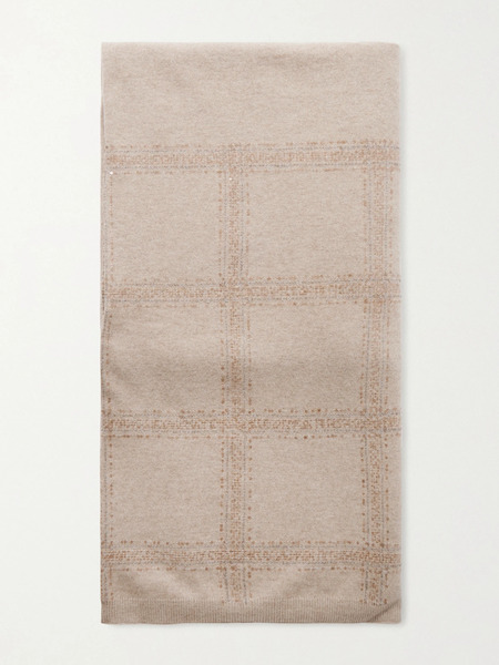  Brunello Cucinelli Brunello Cucinelli - Sequined Checked Wool, Cashmere And Silk-blend Scarf - Beige 
