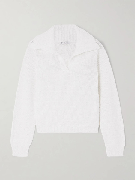  Brunello Cucinelli Brunello Cucinelli - Sequined Cotton-blend Polo Sweater - White 