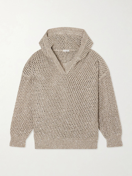  Brunello Cucinelli Brunello Cucinelli - Sequined Crocheted Cotton Hoodie - Beige 