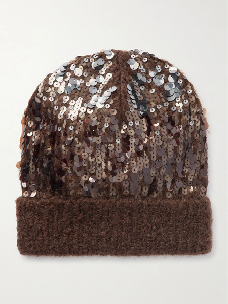  Brunello Cucinelli Brunello Cucinelli - Sequined Ribbed Mohair-blend Beanie - Brown 