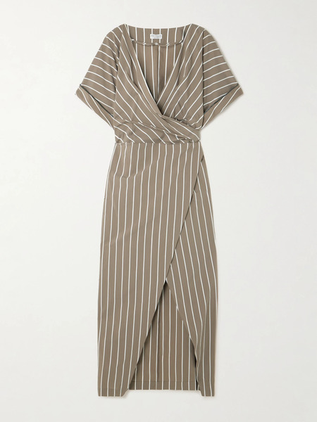  Brunello Cucinelli Brunello Cucinelli - Striped Cotton-blend Poplin Wrap Midi Dress - Brown 