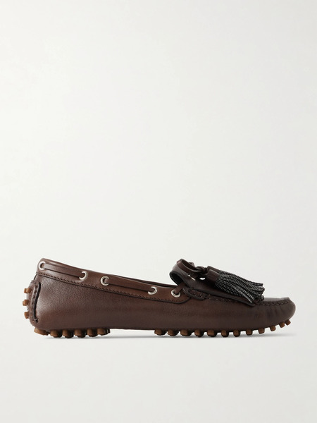  Brunello Cucinelli Brunello Cucinelli - Tasseled Fringed Bead-embellished Leather Loafers - Dark Brown 