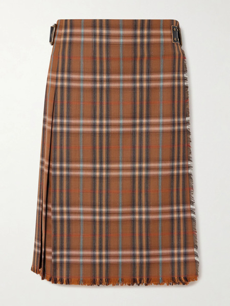  Burberry Burberry - Belted Frayed Checked Wool Skirt - Brown 