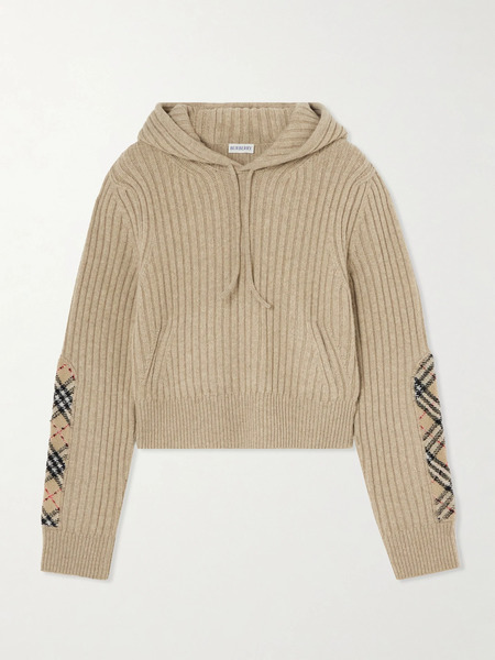  Burberry Burberry - Checked Bouclé-trimmed Ribbed Wool And Cashmere-blend Hoodie - Beige 