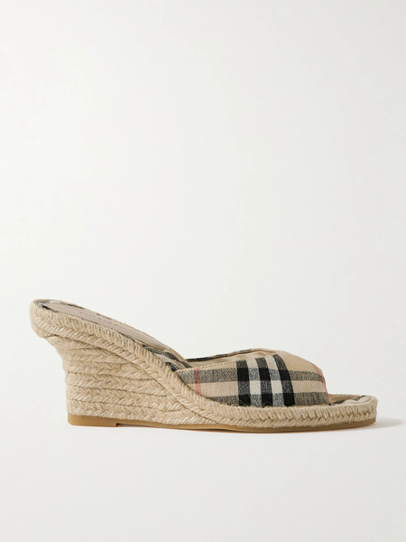  Burberry Burberry - Checked Canvas-jacquard Espadrille Wedge Mules - Beige 